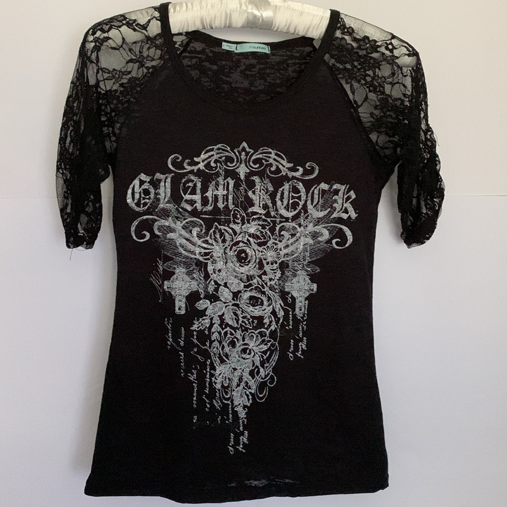 ❤️MAURICES Black 'Glam Rock' Burn Out Tee Shirt Top Size Small